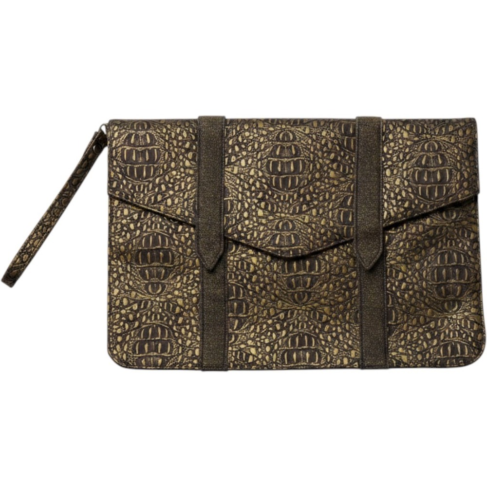 Giannini Vtg Gold Bronze Crocodile Embossed Envelope Clutch Wristlet Bag Retro